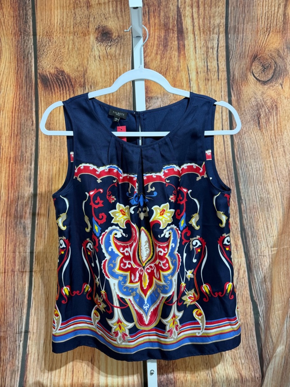 100 % Silk Talbots Navy Floral-Print Sleeveless Shell Top
